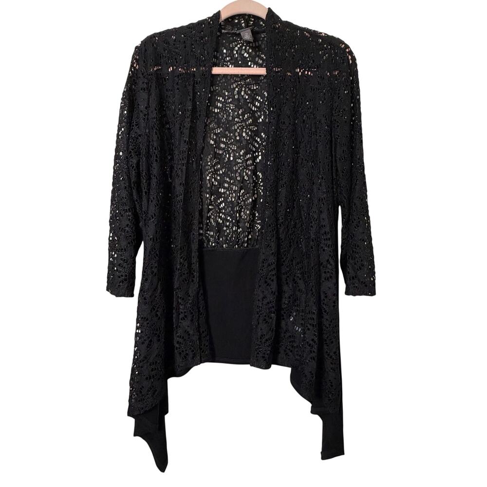 Sz 2/ LgChico’s Travelers Black Lace Cardigan Open Front Sheer Beach Layering